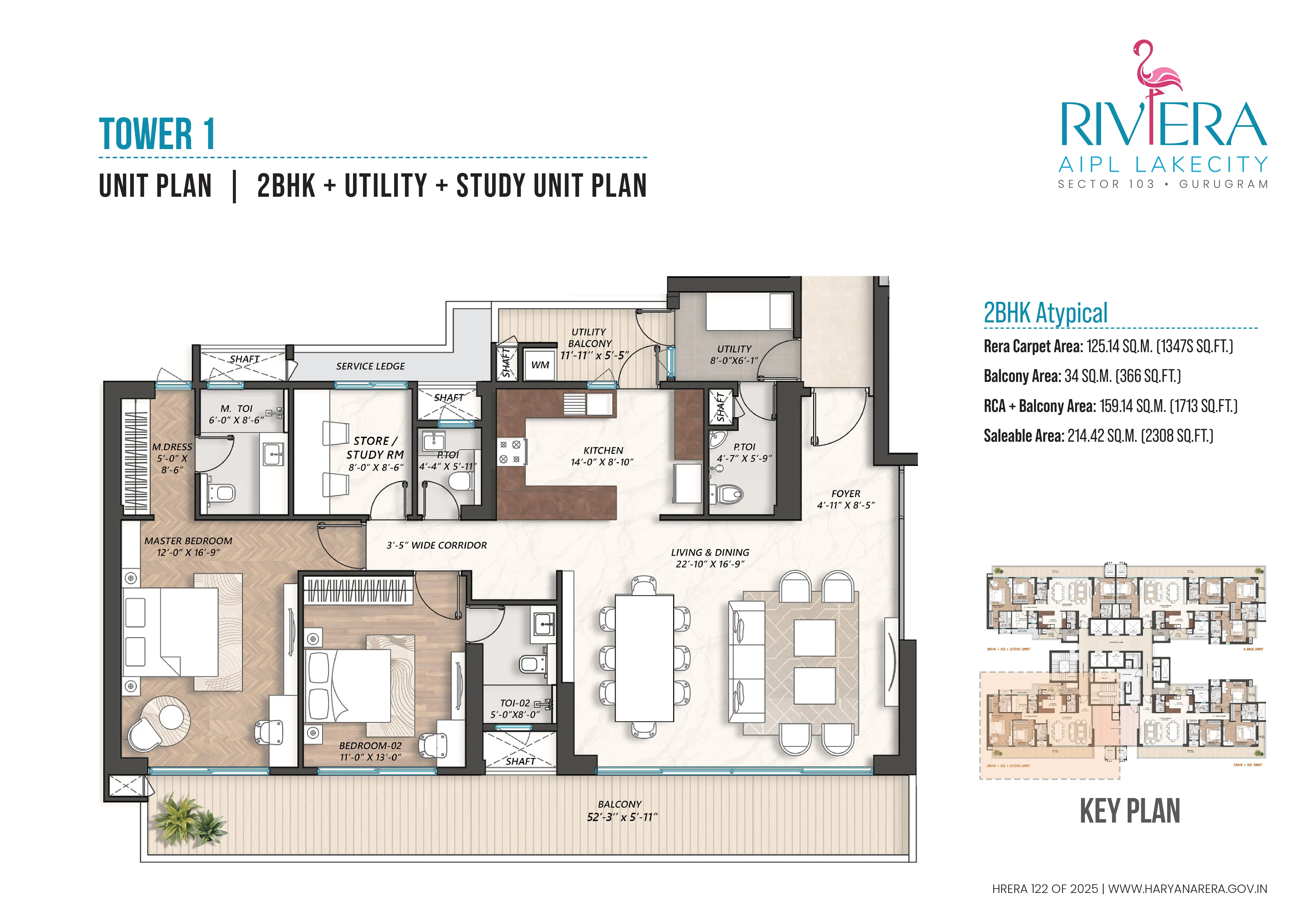 AIPL The Riviera 2 BHK Utility Study Tower 1 Floor Plan