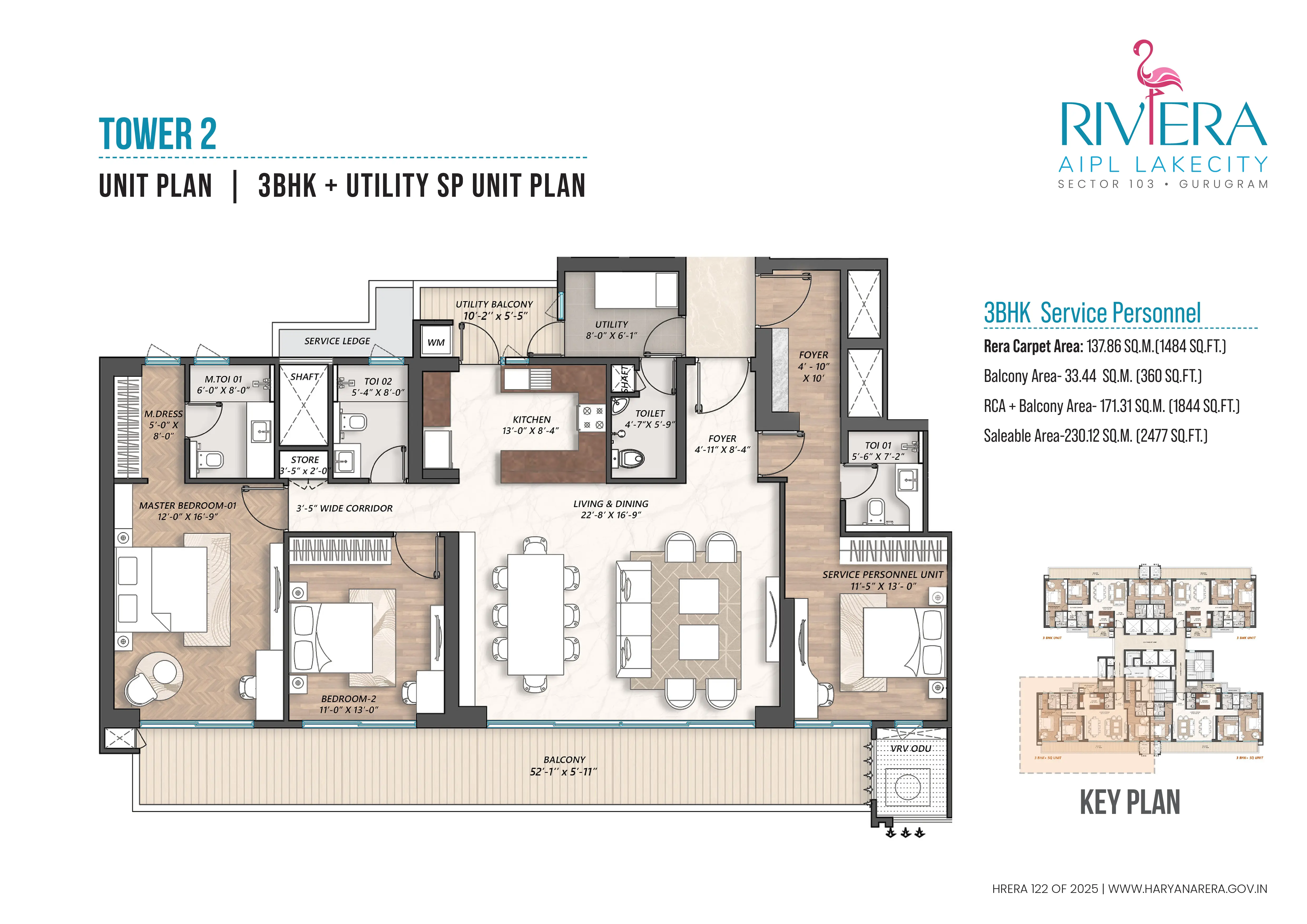 AIPL The Riviera 3 BHK Utility Service Professional Tower 2 Floor Plan