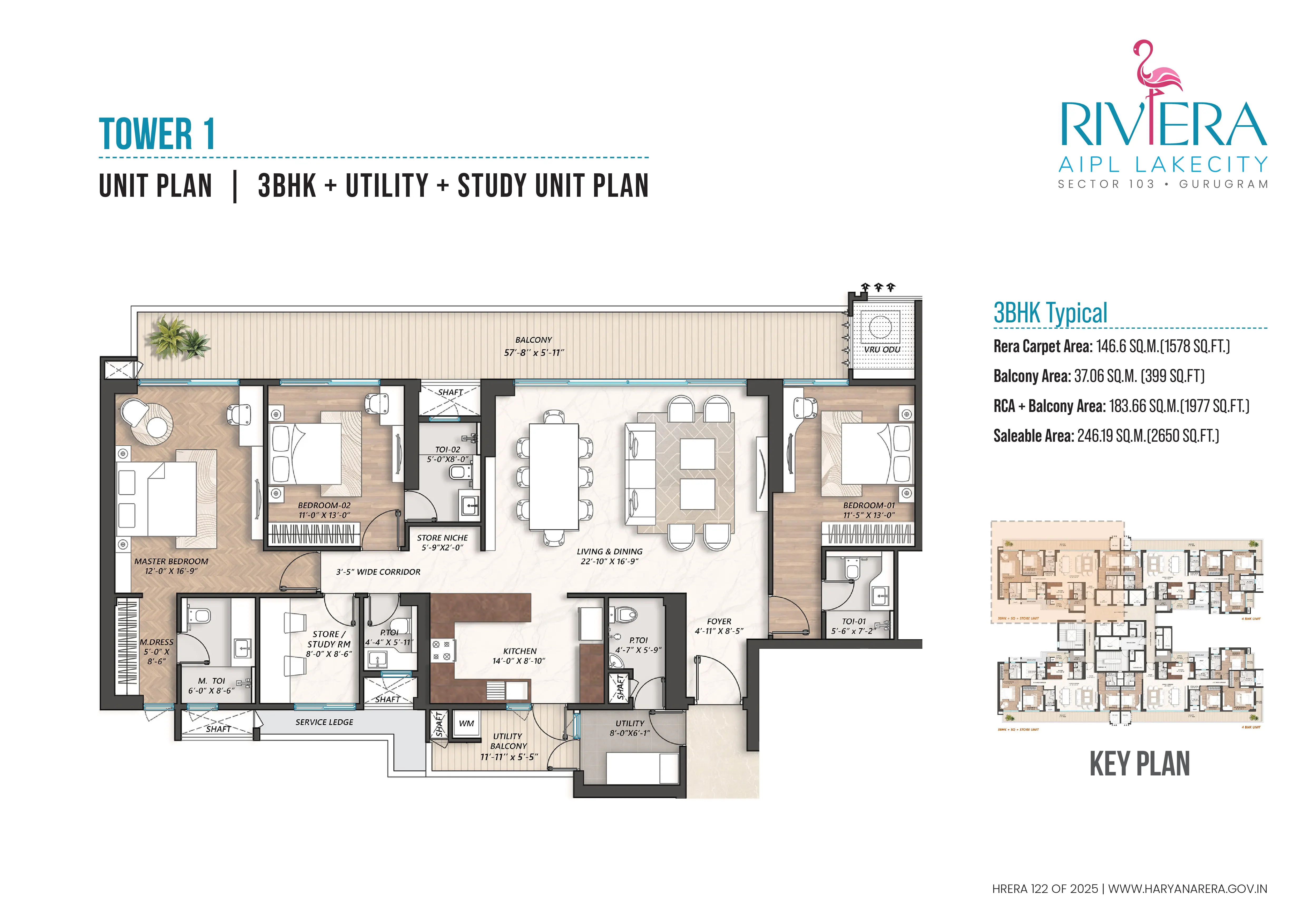 AIPL The Riviera 3 BHK Utility Study Tower 1 Floor Plan