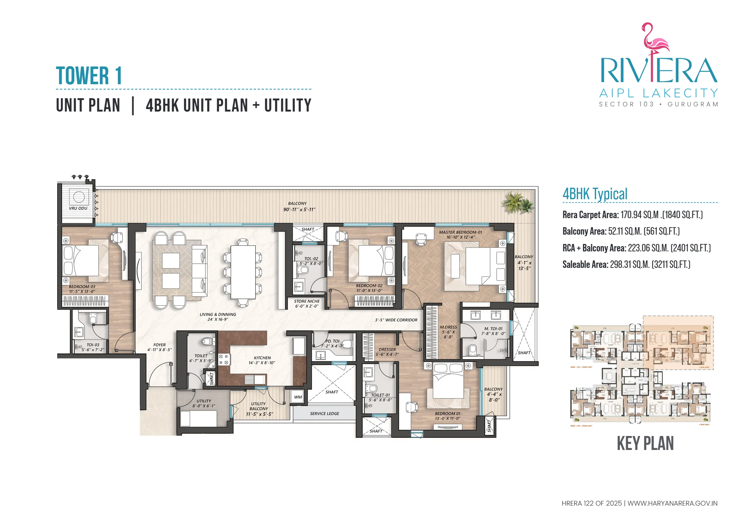 AIPL The Riviera 4 BHK Utility Tower 1 Floor Plan